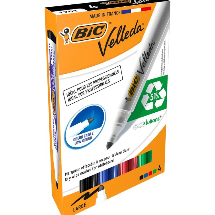 BIC VELLEDA 1701 - Pack de 4 marqueurs effaçables - pointe ogive - couleurs assorties