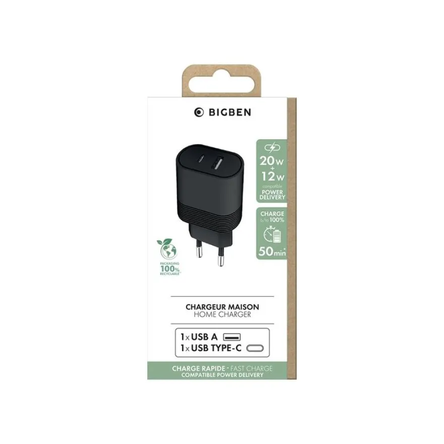 BigBen - chargeur secteur pour smartphone - USB-A + USB-C - noir