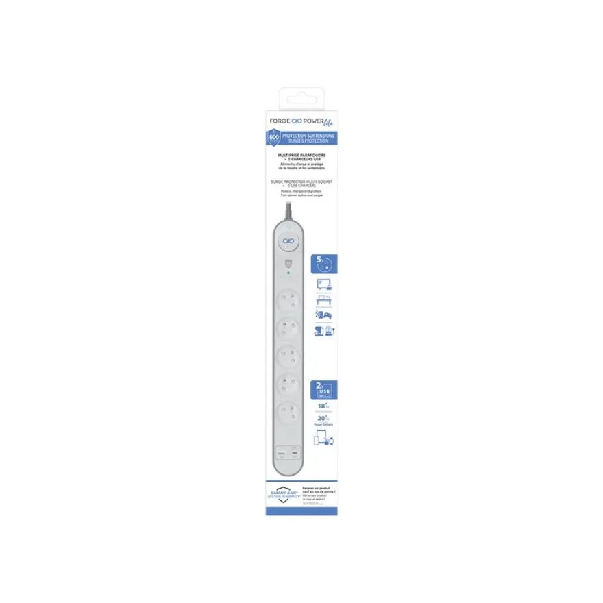 Bigben - Multiprise parafoudre 5 prises B - Grise et Blanche