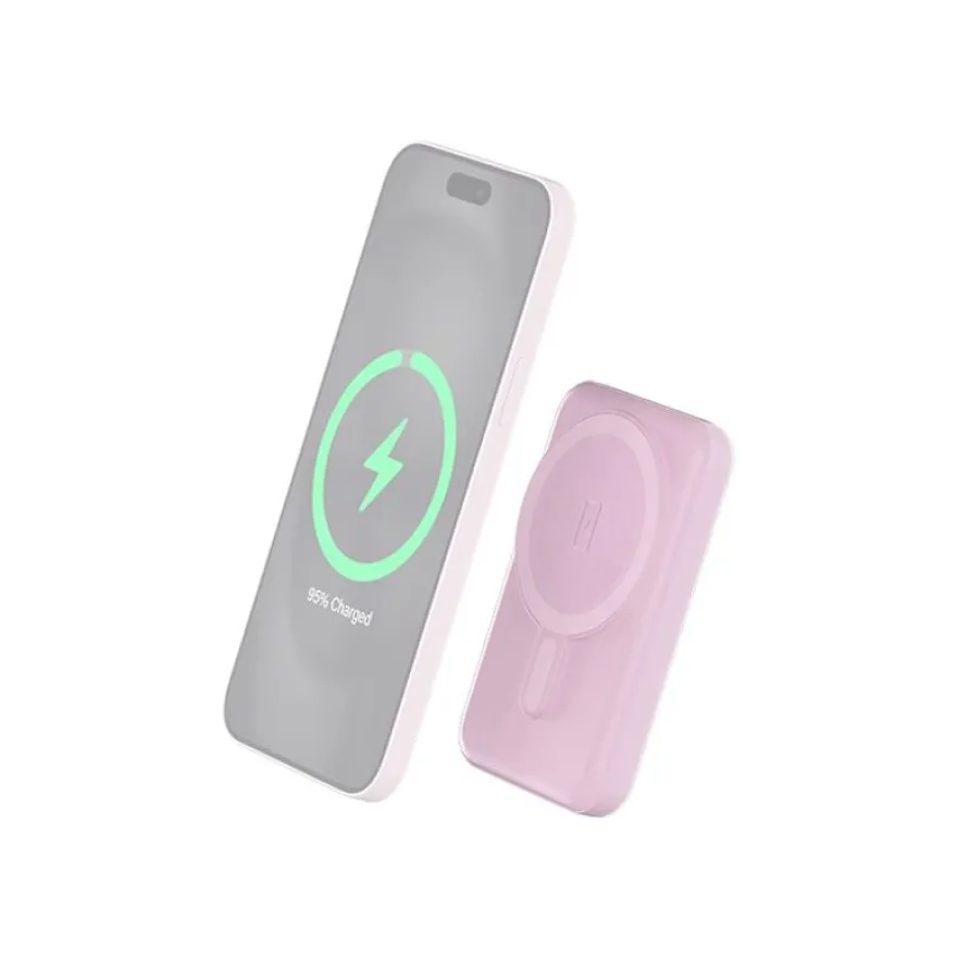 BIGBEN Connected - Banque d'alimentation - magnetic MagSafe wireless, Qi - 5000 mAh - 10 Watt - 2 connecteurs de sortie (USB, 24 pin USB-C) - rose