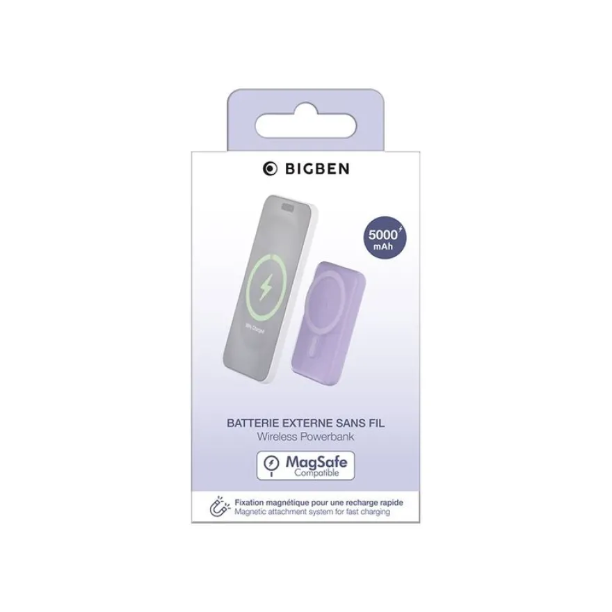 BIGBEN Connected - Banque d'alimentation - magnetic MagSafe wireless, Qi - 5000 mAh - 10 Watt - 2 connecteurs de sortie (USB, 24 pin USB-C) - violet