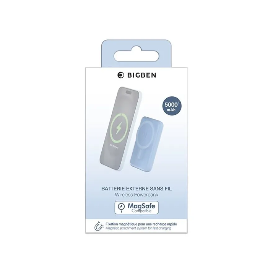 BIGBEN Connected - Banque d'alimentation - magnetic MagSafe wireless, Qi - 5000 mAh - 10 Watt - 2 connecteurs de sortie (USB, 24 pin USB-C) - bleu