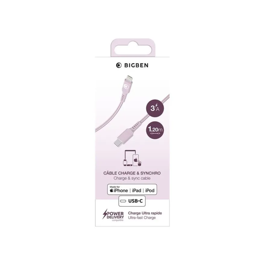 BIGBEN Connected - Câble Lightning - 24 pin USB-C mâle pour Lightning mâle - 1.2 m - rose