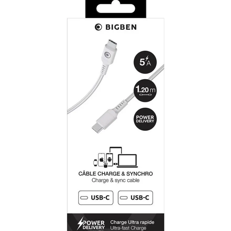 Bigben Connected - Câble USB-C vers USB-C - Tissé - 1,2m - Blanc