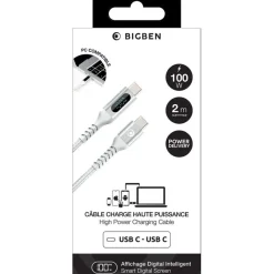Bigben Connected - Câble USB-C vers USB-C - Tissé avec écran - 2m - Blanc