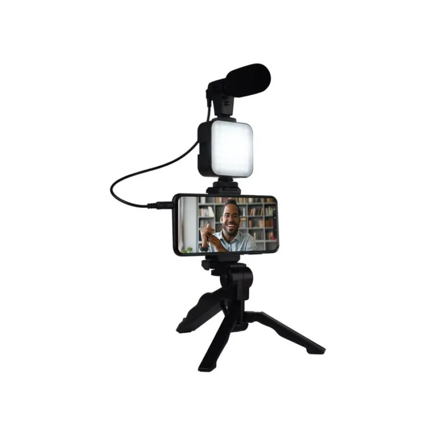 Bigben Vlogging kit live stream - kit d'accessoires contenant un trépied, une Led flash, un micro et un support smartphone