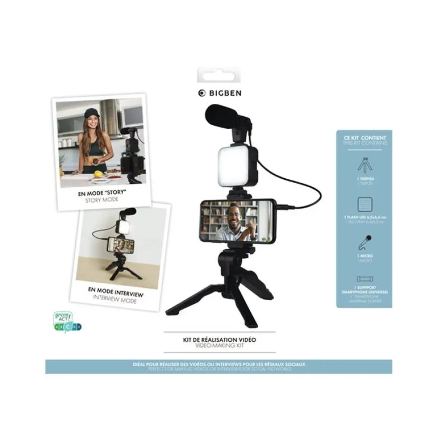 Bigben Vlogging kit live stream - kit d'accessoires contenant un trépied, une Led flash, un micro et un support smartphone