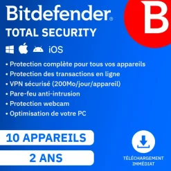 Bitdefender total security - Code d'activation envoyé par email valable pour 10 appareils pendant 2 ans