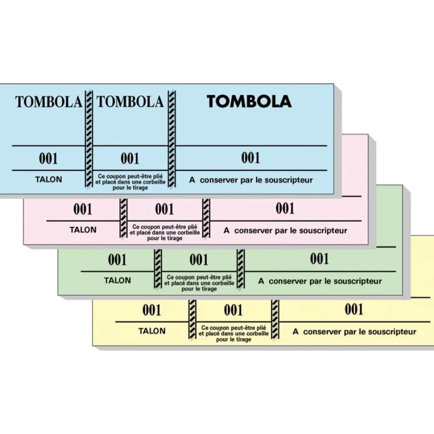 Bloc Tombola – 100 Feuillets Numérotés, 3 Volets, 4,8×15 cm – Couleurs Assorties