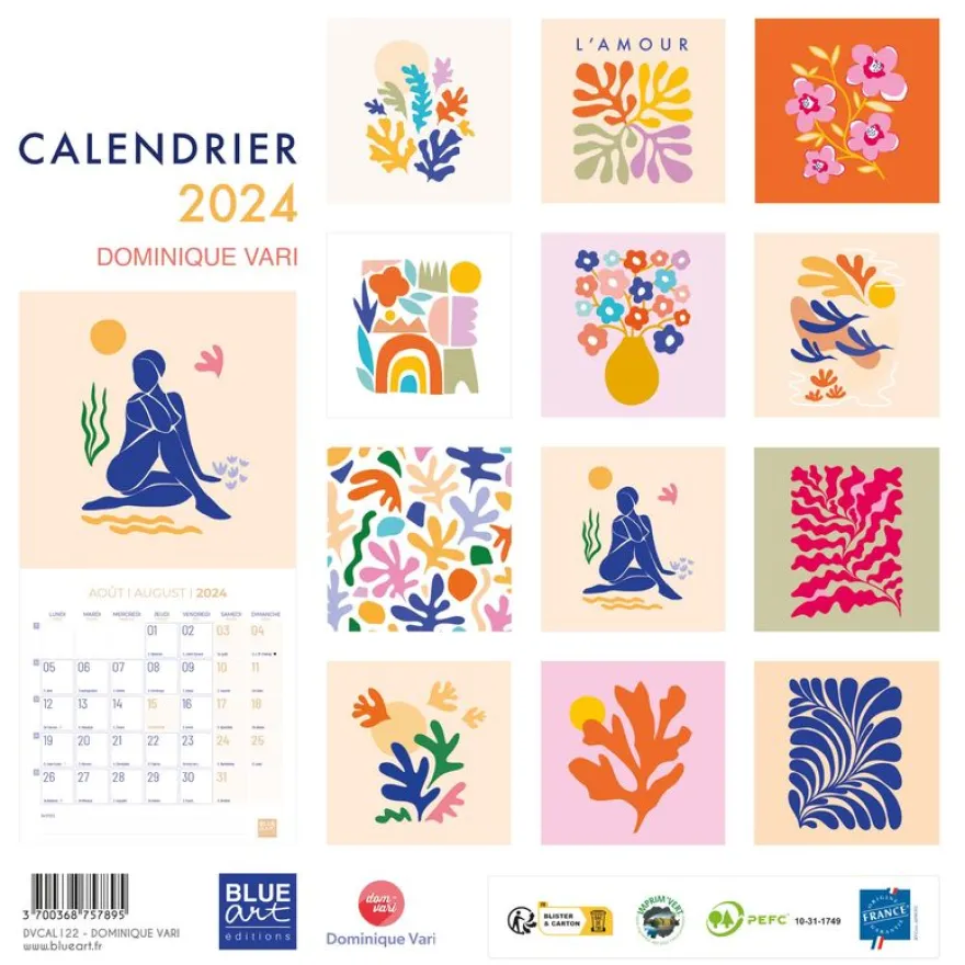Blue Art Dominique Vari - Calendrier illustré mensuel - 30 x 30 cm