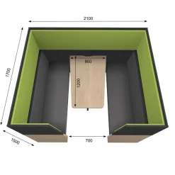 Box acoustique IN'TEAM - L210 x H 150 x P170 cm - 6 places avec table - structure chêne clair et carbone - panneaux vert chartreux