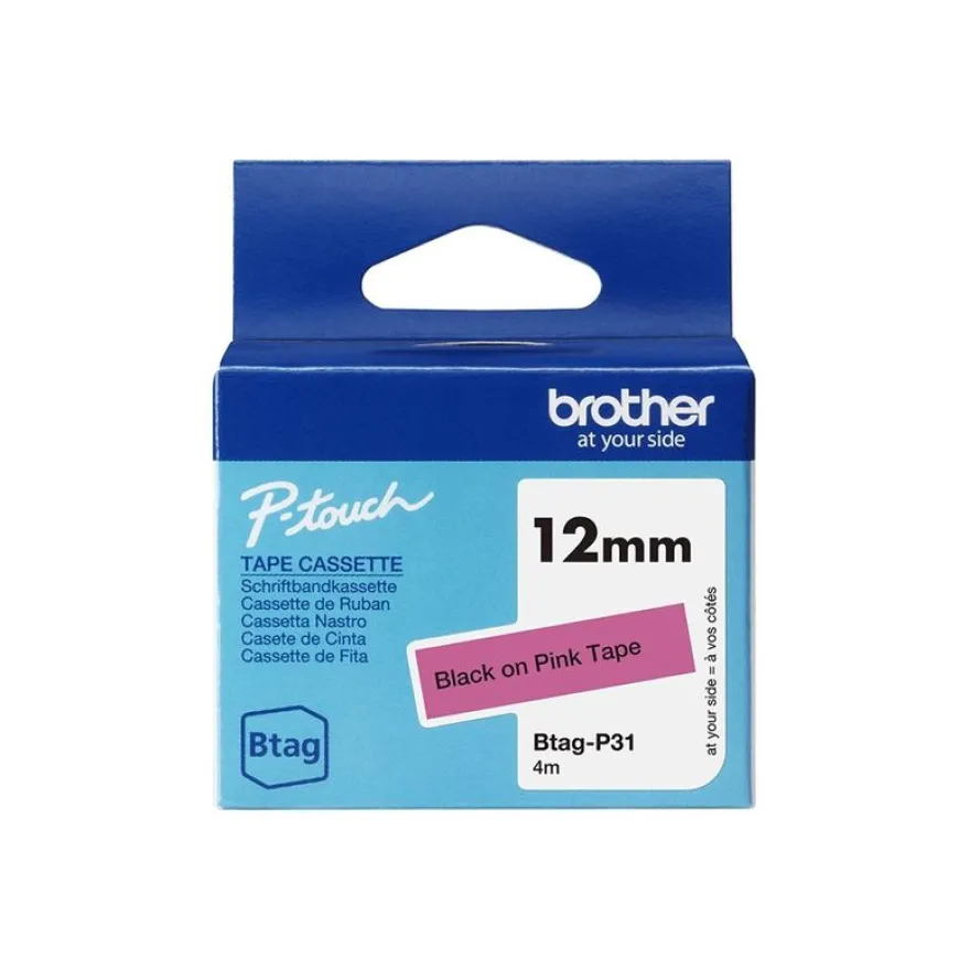 Brother BTAG-P31 - Noir sur rose - Rouleau (1,2 cm x 4 m)