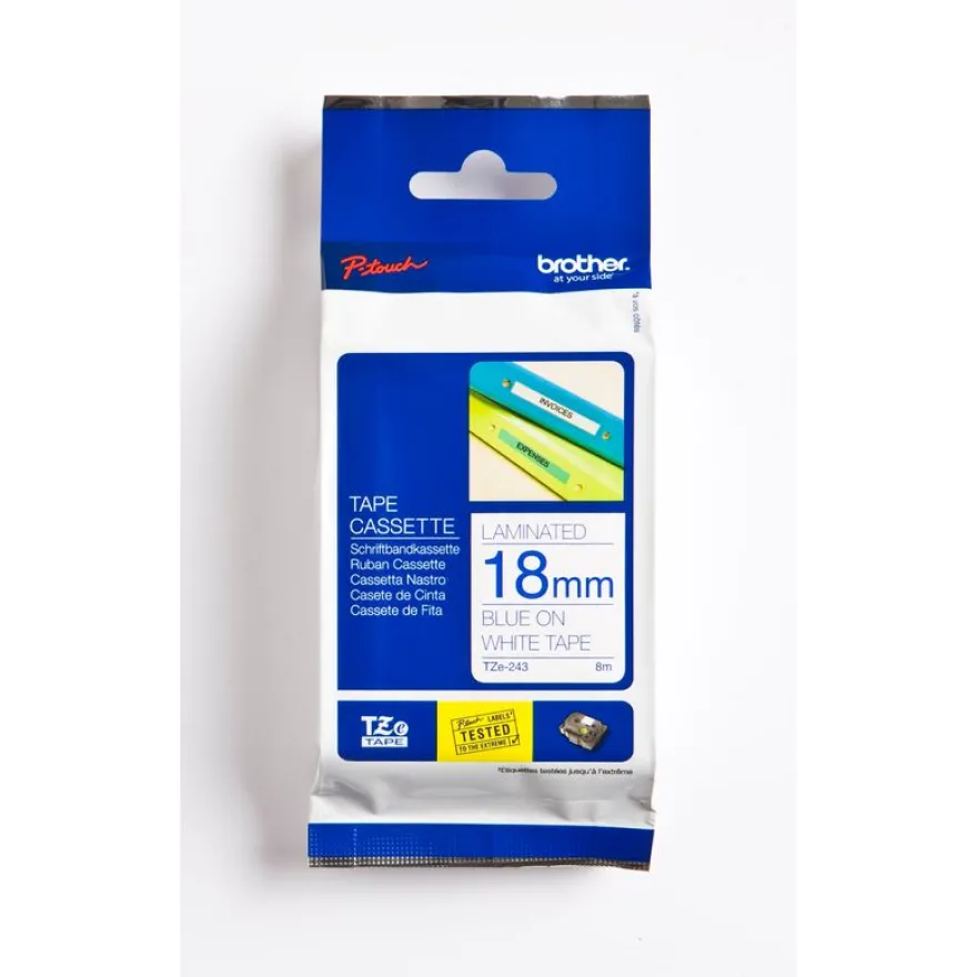 Brother TZe243 - Ruban d'étiquettes auto-adhésives - 1 rouleau (18 mm x 8 m) - fond blanc écriture bleu