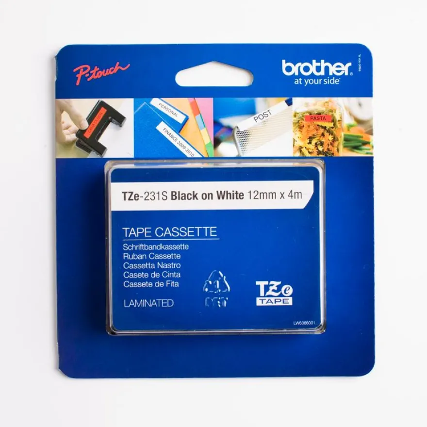 Brother TZe231S - Ruban d'étiquettes auto-adhésives - 1 rouleau (12 mm x 8 m) - fond blanc écriture noire