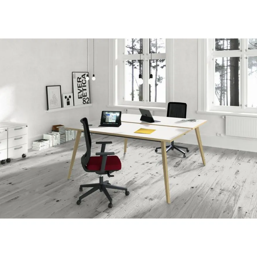 Bureau Bench LEONARDO - L180 x H74 x P168 - Pieds bois - Blanc chants chêne
