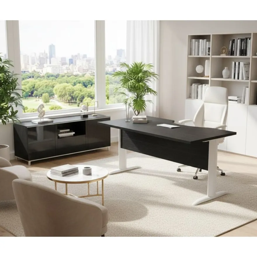 Bureau compact Trend - L160 cm - retour à gauche - Pieds métals anthracite - plateau imitation frêne noir - (pieds de renfort obligatoire à rajouter - non inclus)