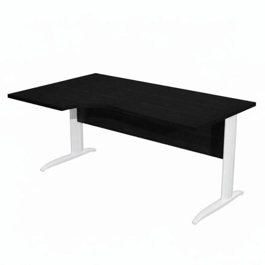 Bureau compact Trend - L160 cm - retour à gauche - Pieds métals blanc - plateau imitation frêne noir - (pieds de renfort obligatoire à rajouter - non inclus)