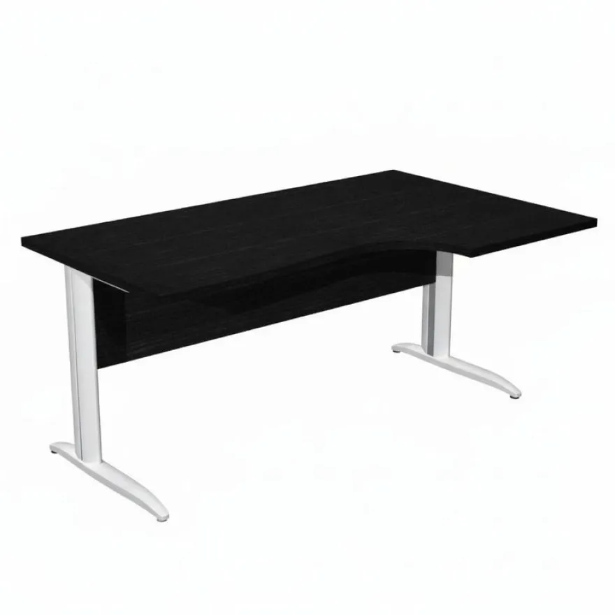 Bureau compact Trend - L160 cm - retour à droite - Pieds métals blanc - plateau imitation frêne noir - (pieds de renfort obligatoire à rajouter - non inclus)
