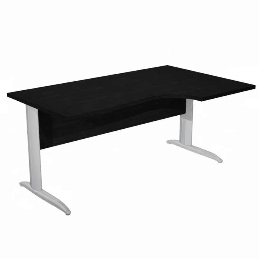 Bureau compact Trend - L160 cm - retour à droite - Pieds métals effet chromé - plateau imitation frêne noir - (pieds de renfort obligatoire à rajouter - non inclus)