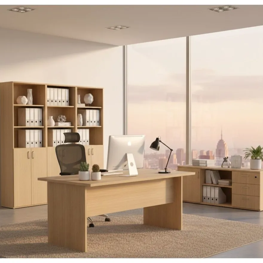 Bureau compact Trend - L160 cm - retour à droite - pieds panneaux - plateau imitation chêne (pied de renfort obligatoire à rajouter - non inclus)