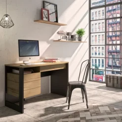Bureau droit RUSSEL - 119 cm - 1 porte - Chêne helvezia et uni noir