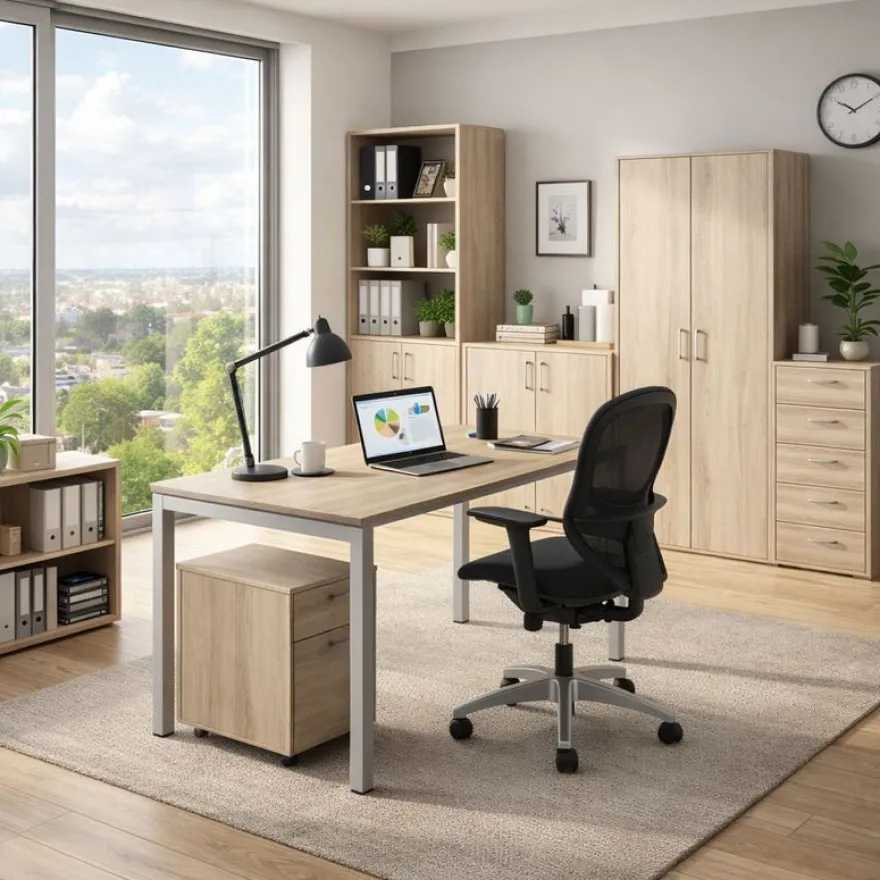 Bureau droit Trend - L140 - pieds arches - plateau imitation chêne canadien