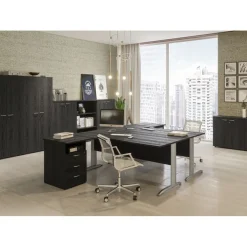 Bureau droit Trend - L160 - Pieds métals - plateau imitation frêne noir - pied alu