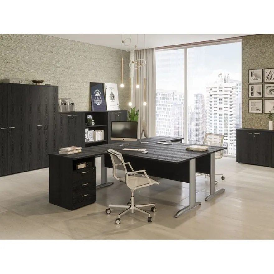 Bureau droit Trend - L160 - Pieds métals - plateau imitation frêne noir - pied alu