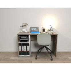 Bureau home office - Finition blanc et imitation chêne avec 1 partie rangement
