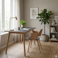 Bureau LEONARDO - 160 cm - Pieds bois - Anthracite chants chêne