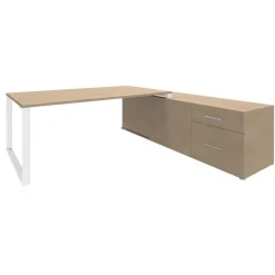Bureau LOFTER Manager - L180 x P100 x H72,5 cm - console retour à droite (tiroirs) - pieds blanc - plateau imitation chêne clair
