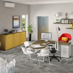 Bureau LOFTER Manager arrondi - retour à gauche - L200 cm - Plateau imitation chêne clair - Pied blanc (Pieds de renfort obligatoire à rajouter - non inclus)