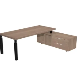 Bureau Manager FLORA - avec console retour réversible - L225 x P170 cm - pieds en métal noir - plateau imitation merisier arabis