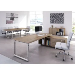 Bureau Manager FLORA - avec console retour réversible - L195 x P170 cm - pieds cadre en métal effet chromé - plateau imitation merisier arabis