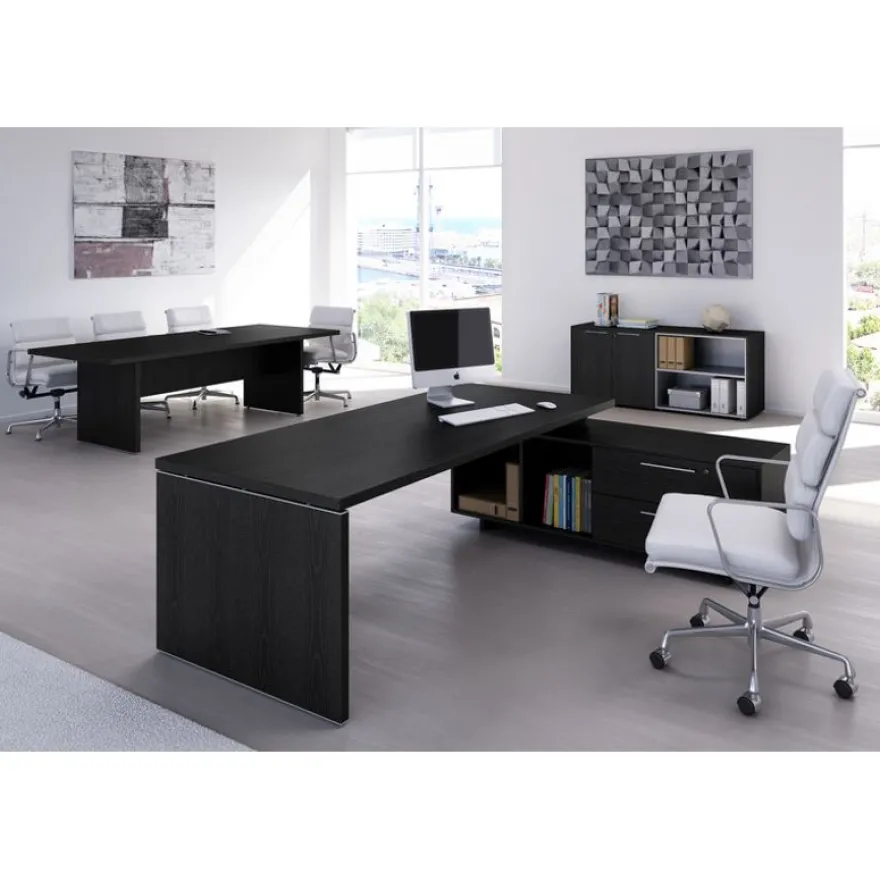 Bureau Manager FLORA - avec console retour réversible - L195 x P170 cm - pieds panneaux - plateau imitation frêne noir