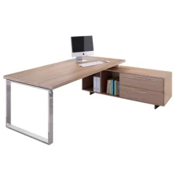 Bureau Manager FLORA - avec console retour réversible - L225 x P170 cm - pieds cadre en métal effet chromé - plateau imitation merisier arabis