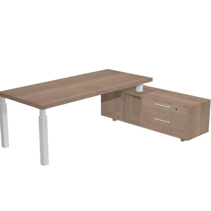 Bureau Manager FLORA - avec console retour réversible - L195 x P170 cm - pieds en métal blanc - plateau imitation merisier arabis