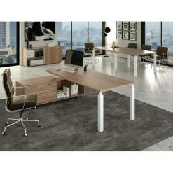 Bureau Manager FLORA - avec console retour réversible - L195 x P170 cm - pieds en métal blanc - plateau imitation merisier arabis
