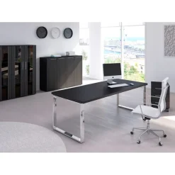 Bureau Manager FLORA - L180 x P90 cm - pieds cadre en métal effet chromé - plateau imitation frêne noir