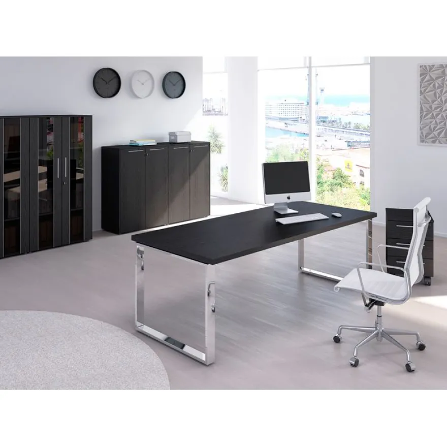 Bureau Manager FLORA - L180 x P90 cm - pieds cadre en métal effet chromé - plateau imitation frêne noir