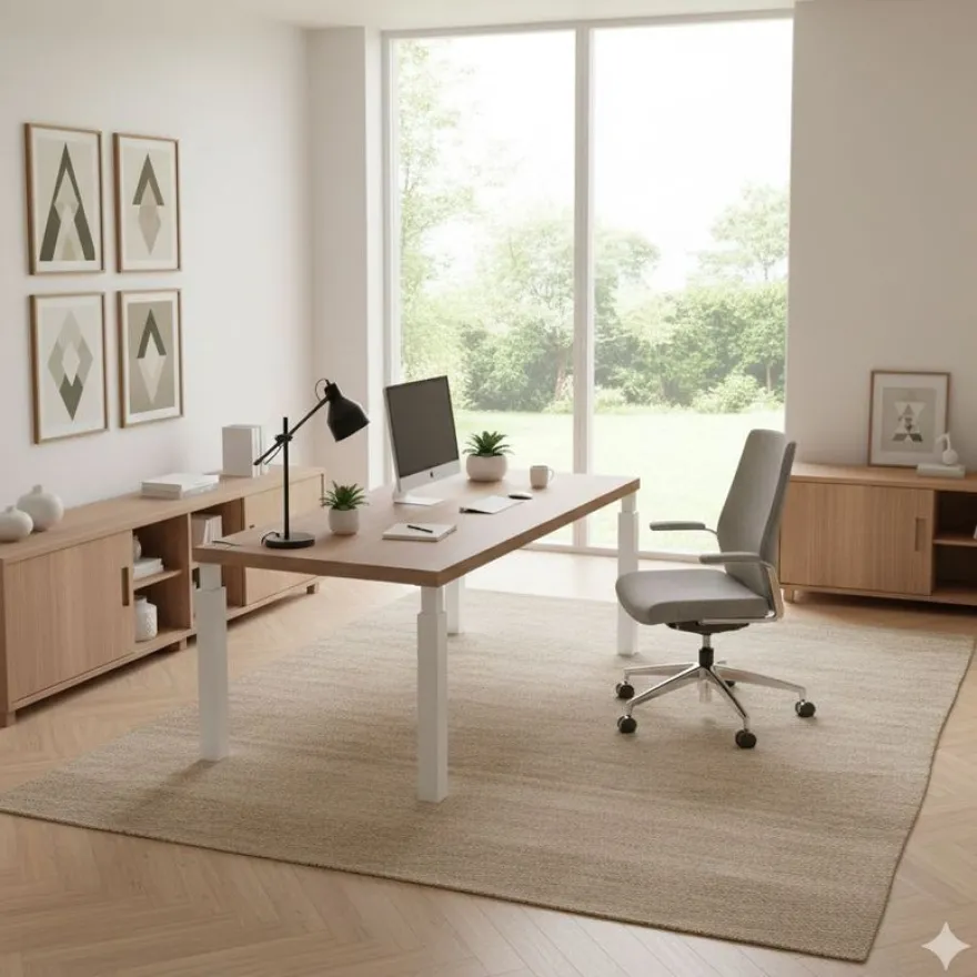 Bureau Manager FLORA - L210 x P90 cm - pieds en métal blanc - plateau imitation merisier arabis