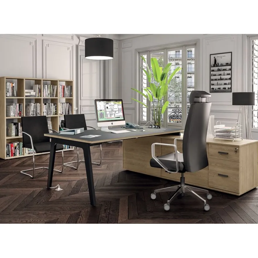 Bureau STEELY Manager - L180 x P100 x H72,5 cm - console retour à droite (2 tiroirs) L200 x P60 x H72,5 cm - pieds blanc - plateau imitation chêne clair