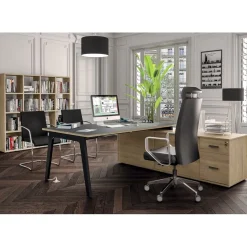 Bureau STEELY Manager - L180 x P100 x H72,5 cm - console retour à gauche (2 tiroirs) L200 x P60 x H72,5 cm - pieds blanc - plateau imitation noyer