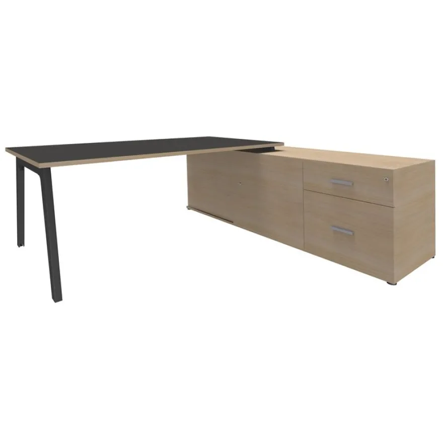 Bureau STEELY Manager - L180 x P100 x H72,5 cm - console retour à droite (2 tiroirs) L200 x P60 x H72,5 cm - pieds carbone - plateau carbone
