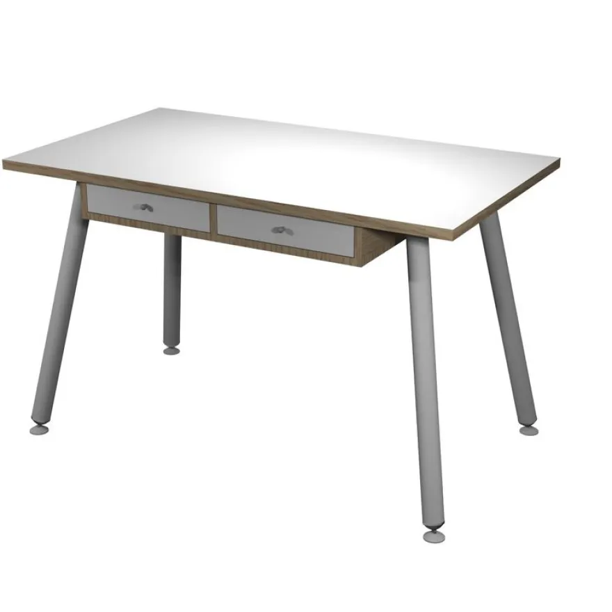 Bureau télétravail avec tiroirs - 120 cm - blanc/chêne - pieds métal blancs