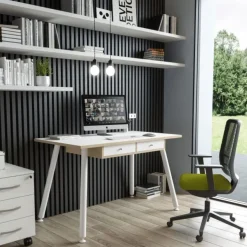 Bureau télétravail avec tiroirs - 120 cm - blanc/chêne - pieds métal blancs