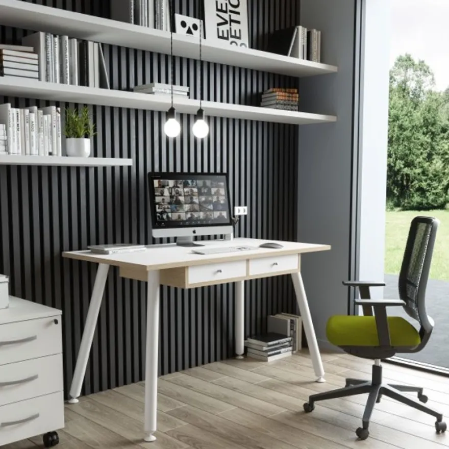 Bureau télétravail avec tiroirs - 120 cm - blanc/chêne - pieds métal blancs