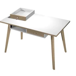 Bureau télétravail avec tiroirs - 120 cm - blanc/chêne - pieds chêne