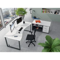 Bureau vague symétrique LOFTER - L180 cm - Plateau imitation chêne gris - pied Blanc