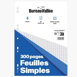 Bureau Vallée - Feuilles Simples- 300 pages - A4 - Grands carreaux - Perforées